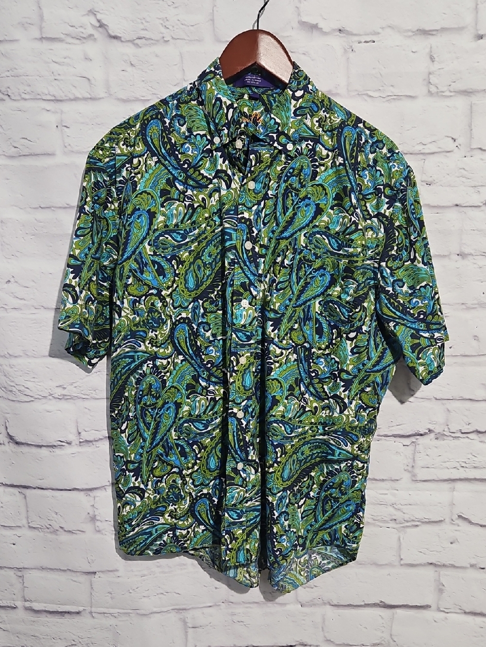 Alan Flusser Blue and Green Paisley Short-Sleeve Button-Up Shirt
